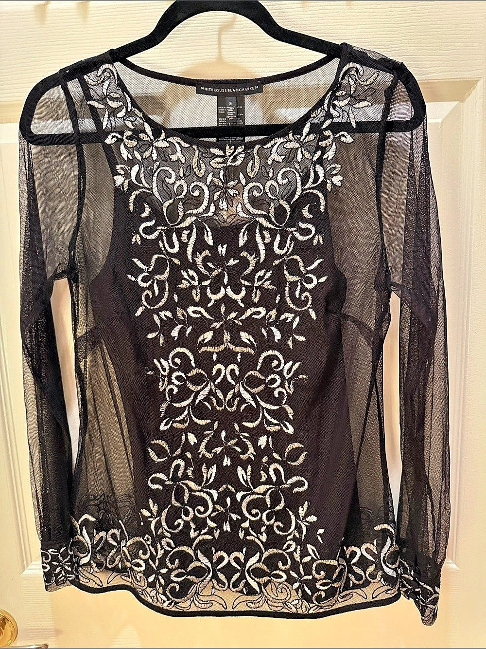 White House Black Market LS Embroidered Mesh Top with cami. NWT